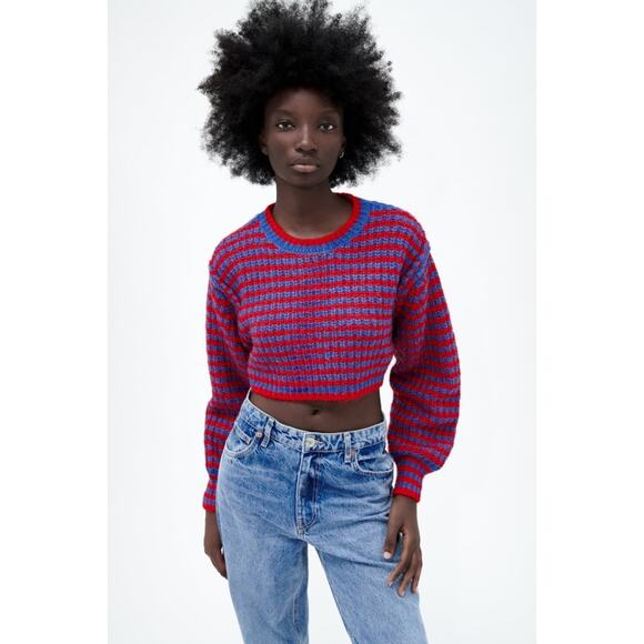 Zara Striped Knit Cropped Crewneck Sweater - Picture 1 of 14